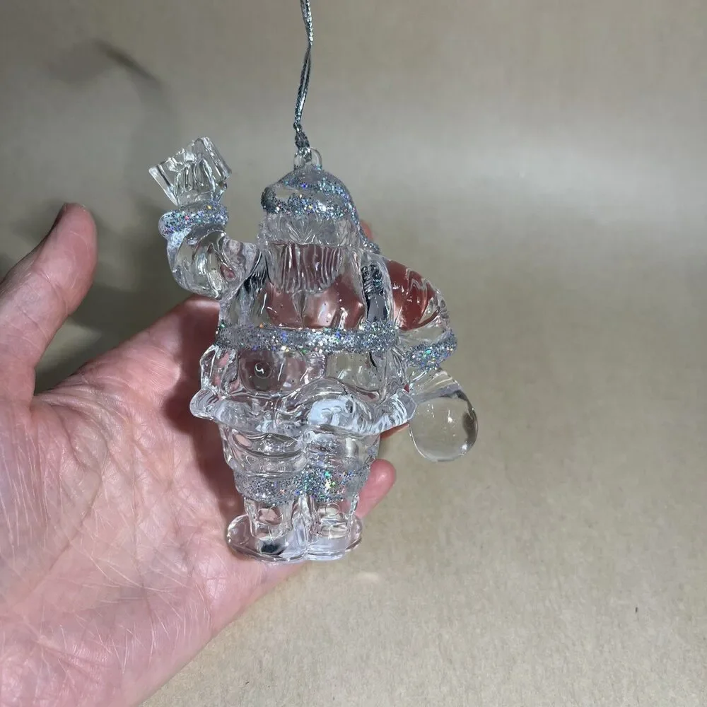 Set of 5 Acrylic Iridescent Glitter Christmas Tree Ornaments Santa, Bear, Grapes